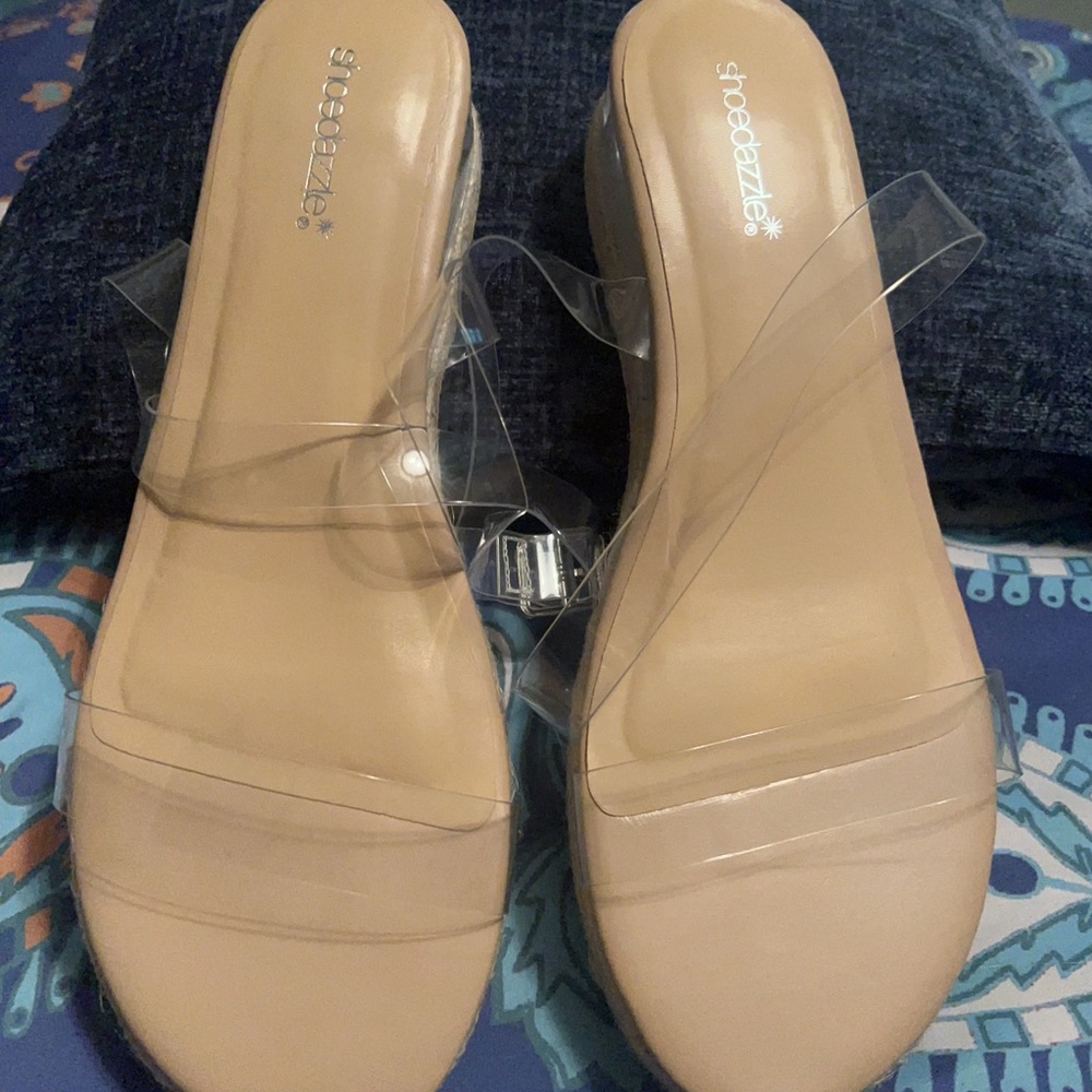 Clear rap around ankle sandals, size 12